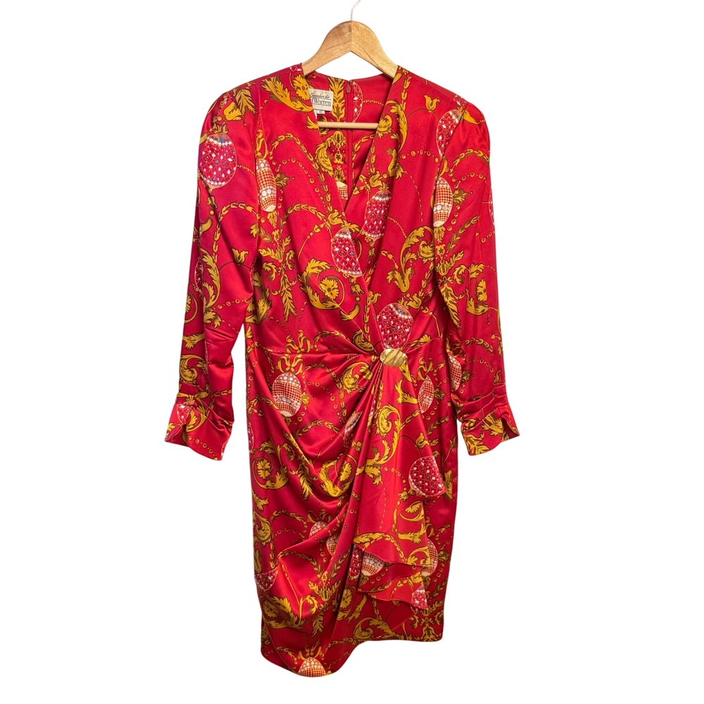 Vintage 1980s Richard Warren Faux Wrap Dress 100% Silk Gold Embellishment‎ Sz 10